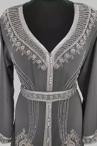 Grey Silver stone and  Beads  Moroccan Kaftan With hijab 