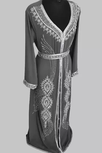 Grey Silver stone and  Beads  Moroccan Kaftan With hijab 