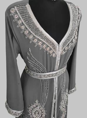 Grey Silver stone and  Beads  Moroccan Kaftan With hijab  4