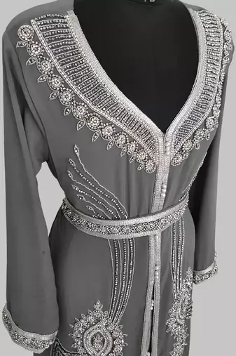 Grey Silver stone and  Beads  Moroccan Kaftan With hijab 