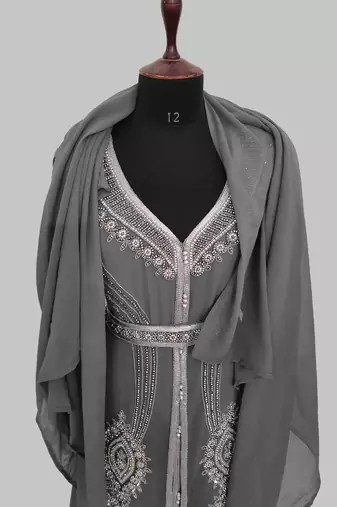 Grey Silver stone and  Beads  Moroccan Kaftan With hijab 