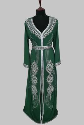 Dark Green Silver stone and  Beads  Moroccan Kaftan With hijab  1