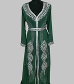 Dark Green Silver stone and  Beads  Moroccan Kaftan With hijab 