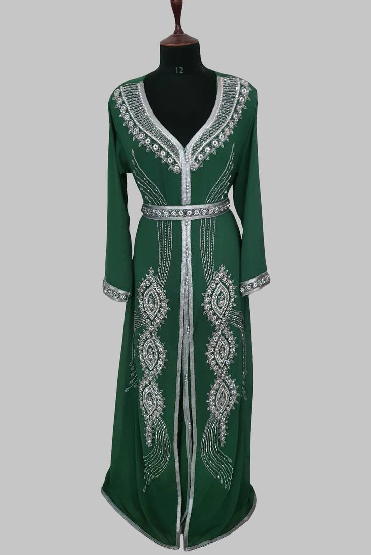 Dark Green Silver stone and  Beads  Moroccan Kaftan With hijab 