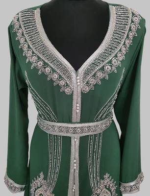 Dark Green Silver stone and  Beads  Moroccan Kaftan With hijab  2