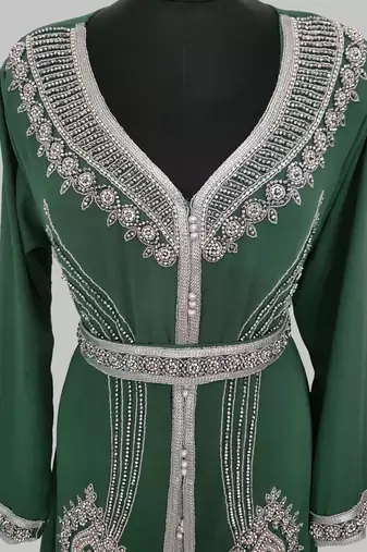 Dark Green Silver stone and  Beads  Moroccan Kaftan With hijab 