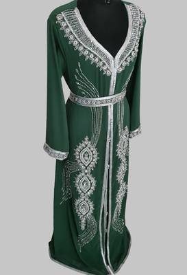 Dark Green Silver stone and  Beads  Moroccan Kaftan With hijab  3