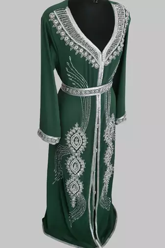 Dark Green Silver stone and  Beads  Moroccan Kaftan With hijab 