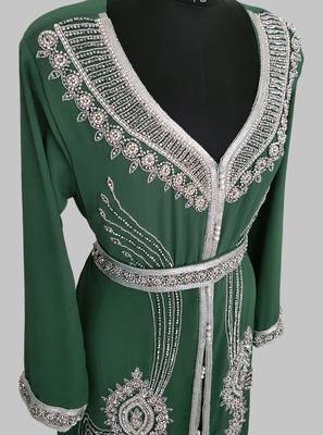 Dark Green Silver stone and  Beads  Moroccan Kaftan With hijab  4