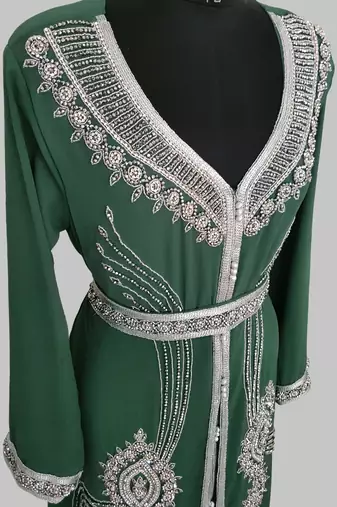 Dark Green Silver stone and  Beads  Moroccan Kaftan With hijab 