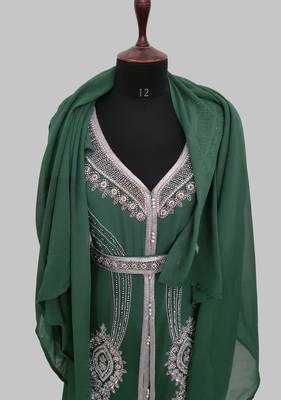 Dark Green Silver stone and  Beads  Moroccan Kaftan With hijab  5