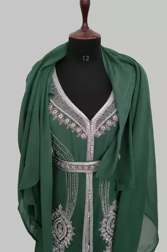 Dark Green Silver stone and  Beads  Moroccan Kaftan With hijab 