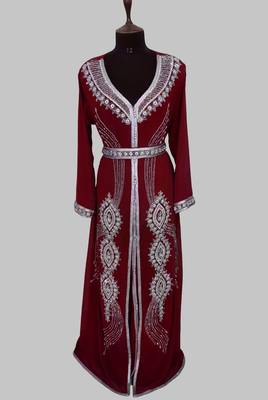 Maroon Silver stone and  Beads  Moroccan Kaftan With hijab  1