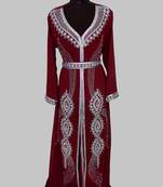 Maroon Silver stone and  Beads  Moroccan Kaftan With hijab 