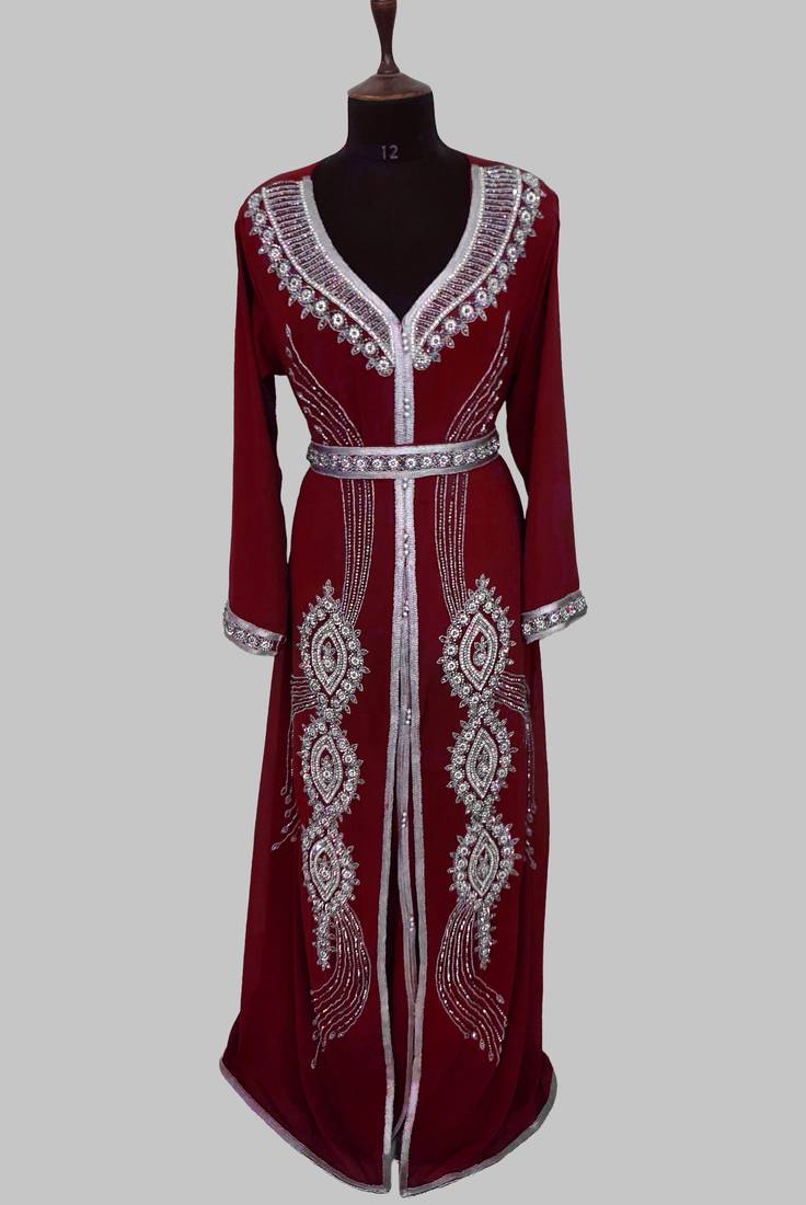 Maroon Silver stone and  Beads  Moroccan Kaftan With hijab 