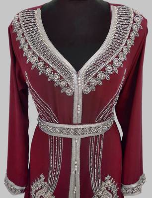 Maroon Silver stone and  Beads  Moroccan Kaftan With hijab  2