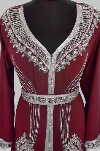 Maroon Silver stone and  Beads  Moroccan Kaftan With hijab 