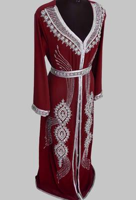Maroon Silver stone and  Beads  Moroccan Kaftan With hijab  3