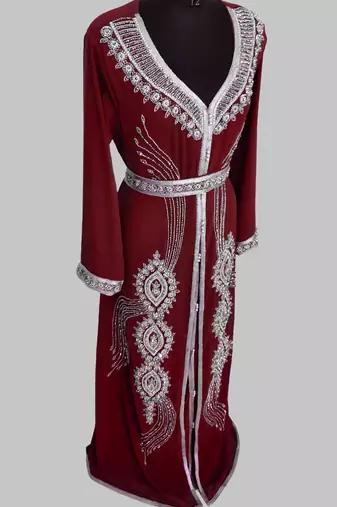 Maroon Silver stone and  Beads  Moroccan Kaftan With hijab 