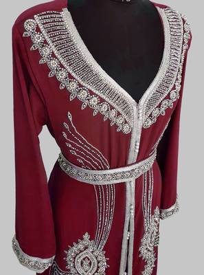 Maroon Silver stone and  Beads  Moroccan Kaftan With hijab  4