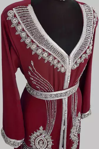 Maroon Silver stone and  Beads  Moroccan Kaftan With hijab 