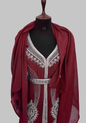 Maroon Silver stone and  Beads  Moroccan Kaftan With hijab  5