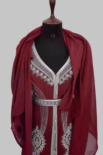 Maroon Silver stone and  Beads  Moroccan Kaftan With hijab 