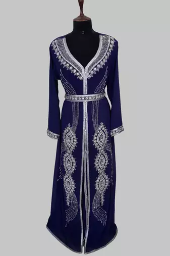 Navy Blue Silver stone and  Beads  Moroccan Kaftan With hijab 