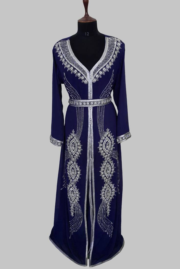 Navy Blue Silver stone and  Beads  Moroccan Kaftan With hijab 