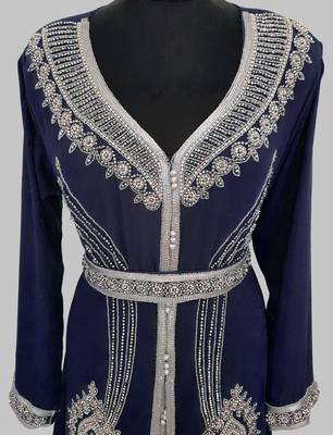 Navy Blue Silver stone and  Beads  Moroccan Kaftan With hijab  2