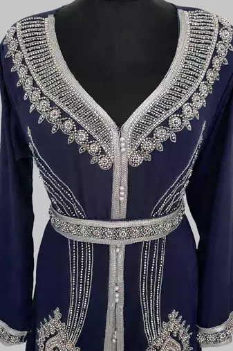 Navy Blue Silver stone and  Beads  Moroccan Kaftan With hijab 