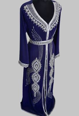 Navy Blue Silver stone and  Beads  Moroccan Kaftan With hijab  3