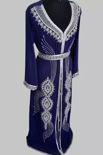 Navy Blue Silver stone and  Beads  Moroccan Kaftan With hijab 