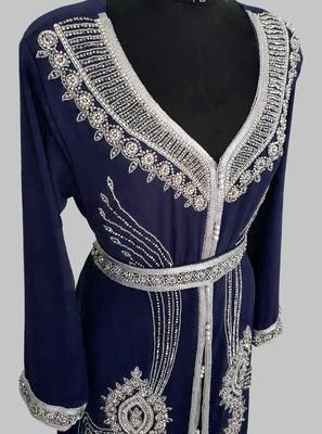 Navy Blue Silver stone and  Beads  Moroccan Kaftan With hijab  4