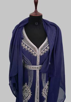 Navy Blue Silver stone and  Beads  Moroccan Kaftan With hijab  5