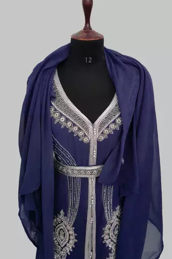 Navy Blue Silver stone and  Beads  Moroccan Kaftan With hijab 
