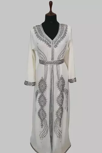 Off White Silver stone and  Beads  Moroccan Kaftan With hijab 