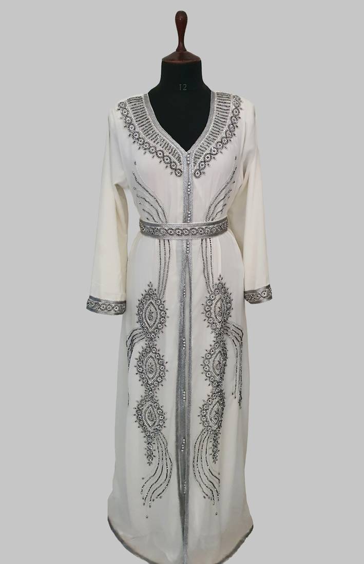 Off White Silver stone and  Beads  Moroccan Kaftan With hijab 