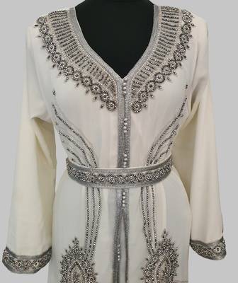 Off White Silver stone and  Beads  Moroccan Kaftan With hijab  2