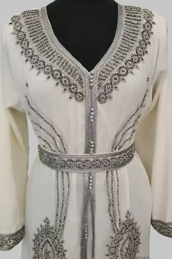 Off White Silver stone and  Beads  Moroccan Kaftan With hijab 