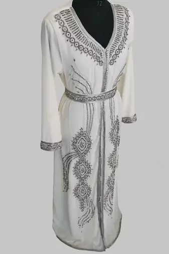 Off White Silver stone and  Beads  Moroccan Kaftan With hijab 