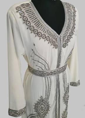 Off White Silver stone and  Beads  Moroccan Kaftan With hijab  4