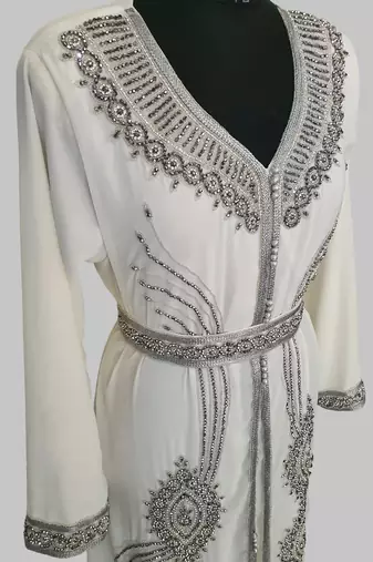 Off White Silver stone and  Beads  Moroccan Kaftan With hijab 