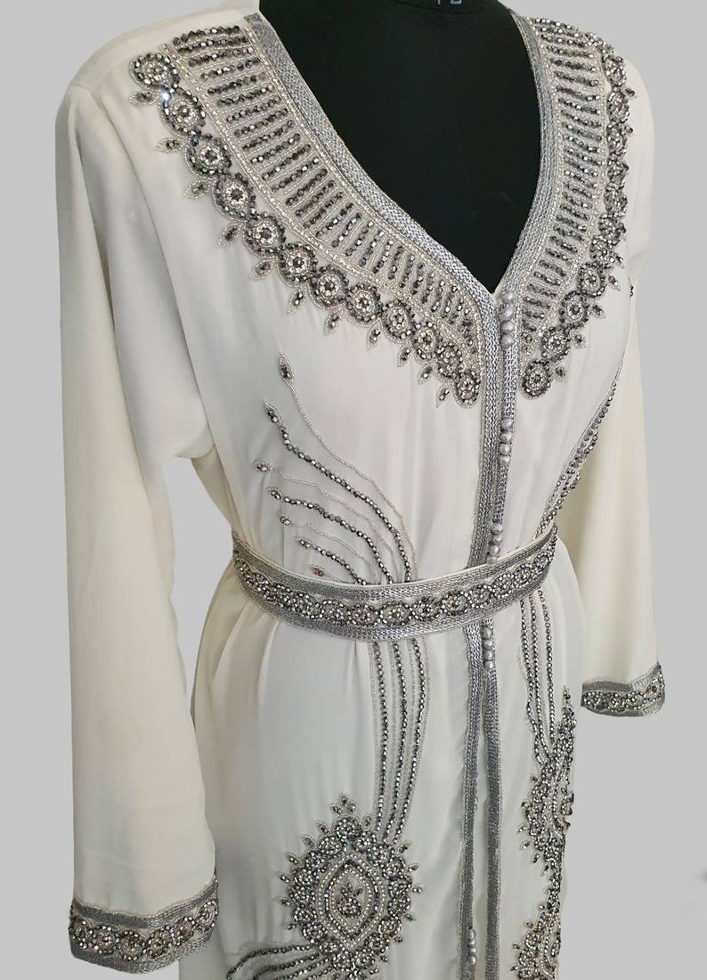 Off White Silver stone and  Beads  Moroccan Kaftan With hijab 
