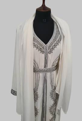 Off White Silver stone and  Beads  Moroccan Kaftan With hijab  5