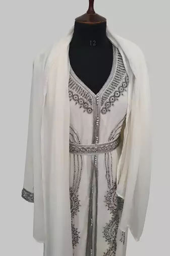 Off White Silver stone and  Beads  Moroccan Kaftan With hijab 