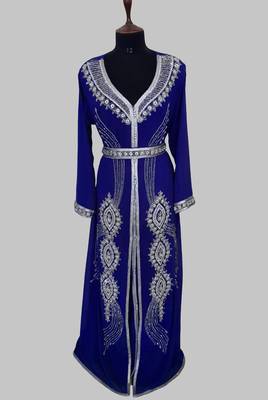 Royal Blue Silver stone and  Beads  Moroccan Kaftan With hijab  1