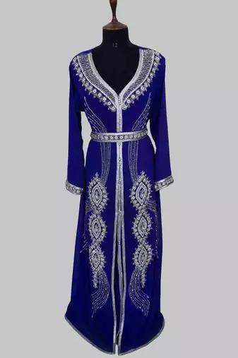 Royal Blue Silver stone and  Beads  Moroccan Kaftan With hijab 