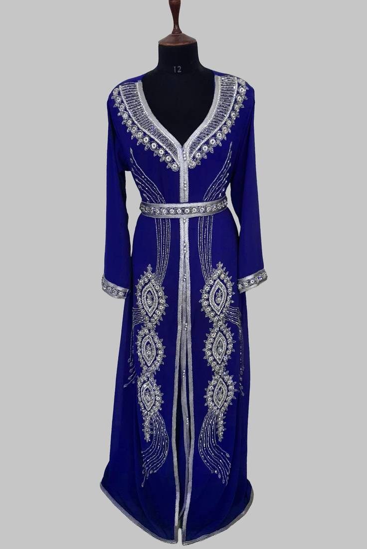 Royal Blue Silver stone and  Beads  Moroccan Kaftan With hijab 