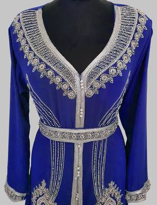 Royal Blue Silver stone and  Beads  Moroccan Kaftan With hijab  2